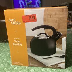 Tea Kettle - “Our Table” - New- 10 Cup Tea Kettle - Whistles Upon Coming To A Boil - Black Enameled Tea Kettle - Still In Box - Untouched 