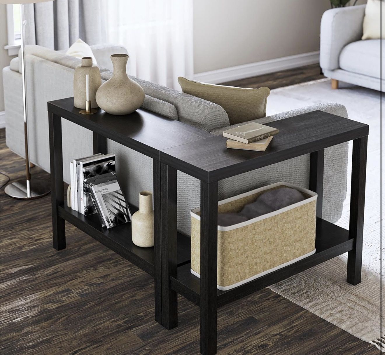 Brand New Ameriwood Home Parsons Wrap-Around Sofa Accent Tables Bundle-Set of Two, Black Oak