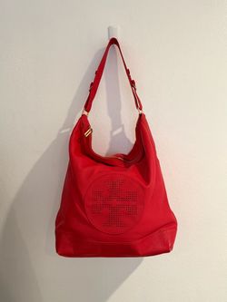 Tory Burch Red Leather Perforated Logo Hobo Shoulder Bag