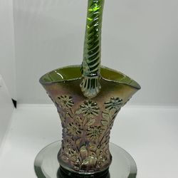 IMPERIAL CARNIVAL GLASS "HELIOS GREEN" GOLD IRIDESCENT BASKET-DAISY PATTERN 10”
