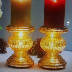 2 Mercury Glass Lighted Gold Candle Holders With Mirrors