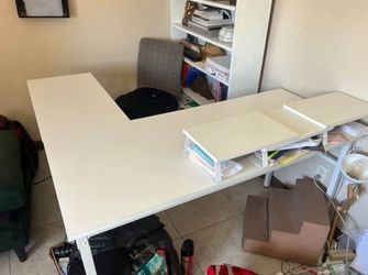 Foldable White L-Shaped Desk with Monitor Riser