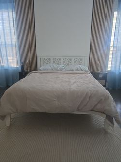 White Wood Bed Frame with Decorative Headboard