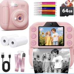 🆕 In 📦 Kids Camera Instant Print,Christmas Birthday Gifts,Portable Digital Camera6️⃣4️⃣GB SDCard,Kid Toy for Ages3️⃣-1️⃣2️⃣,Pink
