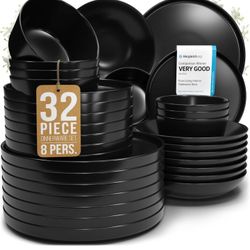 Pure Living Matte Black Dinnerware Set 32-Piece Stoneware Set for 8 People Dishwasher & Microwave Safe