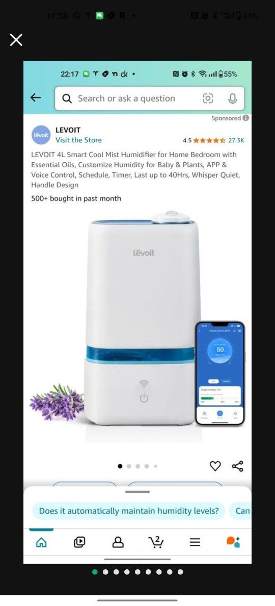 LEVOIT 4L Smart Cool Mist Humidifier for Home Bedroom with Essential Oils, Customize Humidity for Baby & Plants, APP & Voice Control, Schedule, Timer