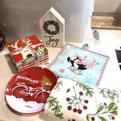 Misc Christmas Goodies Lot, Tea Towel, Potholder, Christmas Coasters, Decor etc