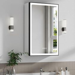 14 in. W x 24 in. H Rectangular Black Aluminum Framed Medicine Cabinet with Mirror Dimmable LED Light Anti-Fog