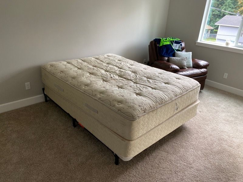 Queen size mattress and box spring with metal bed frame