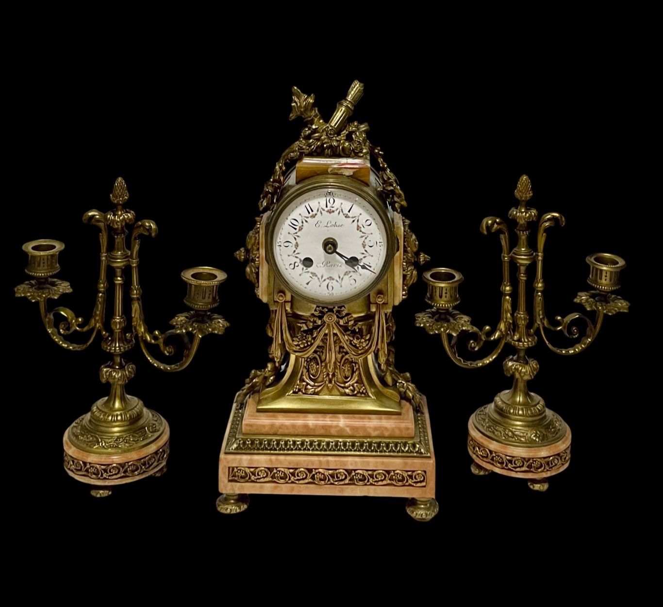 French Bronze And Marble Clock With Pair of Candelabra Louis XVI Style