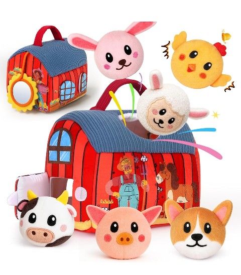 Baby Toys 6-12 Months - Soft Barn with Stuffed Farm Animals Toy, Montessori Toys for 6 Months Infant Boys Girls Sensory Gifts with Rattle, Crinkle Pap