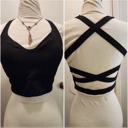 Strappy Black Sports Bra Crisscross Back Padded Sz M 36-C / 38-B New