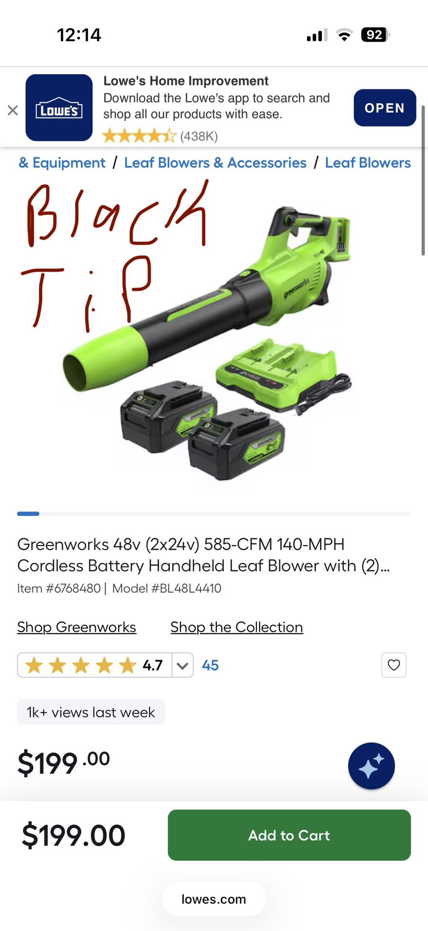 Greenworks 48v (2x24v) 585-CFM 140-MPH Cordless Battery Handheld Leaf Blower with (2) 24v, 4-Ah Batt