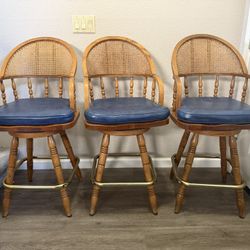 3 Vintage Swivel Cane Back Bar Stools With Cushions 