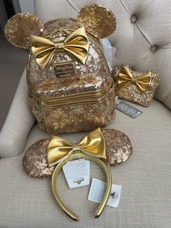 Disney Loungefly backpack, wallet and ears gold sequins matching set