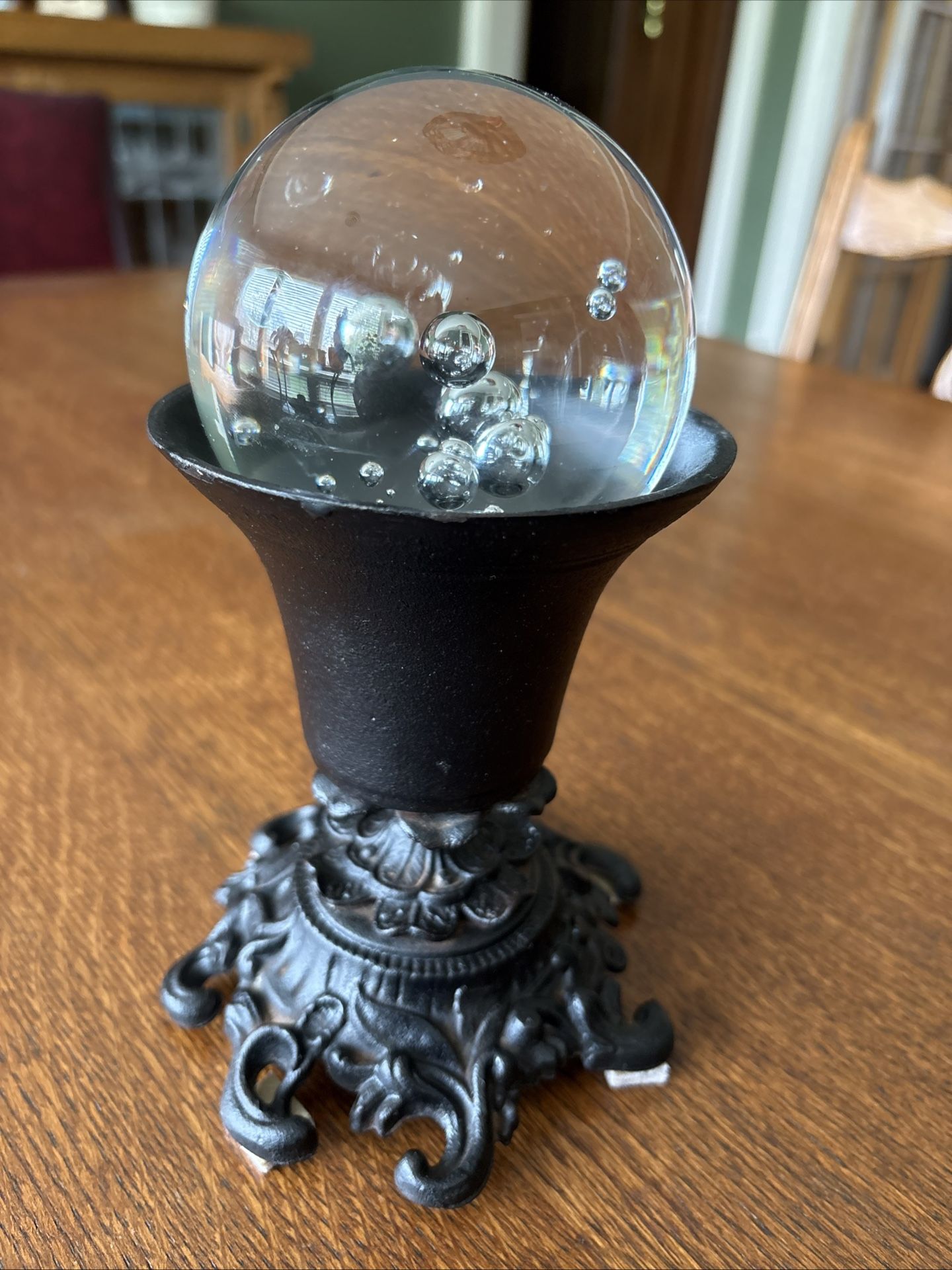 Vintage 3.5” Bubble Glass Ball w/Iron Stand