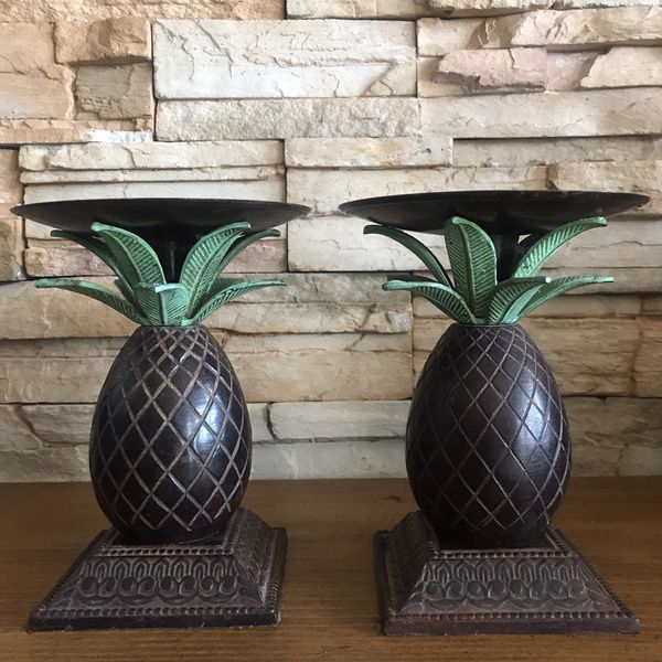 2 SOLID BRONZE WITH GREEN PALM LEAF 7” TALL CANDLE HOLDERS