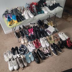 Lot of 56 pairs of sneakers shoes heels, mens and womens, nike Adidas and more