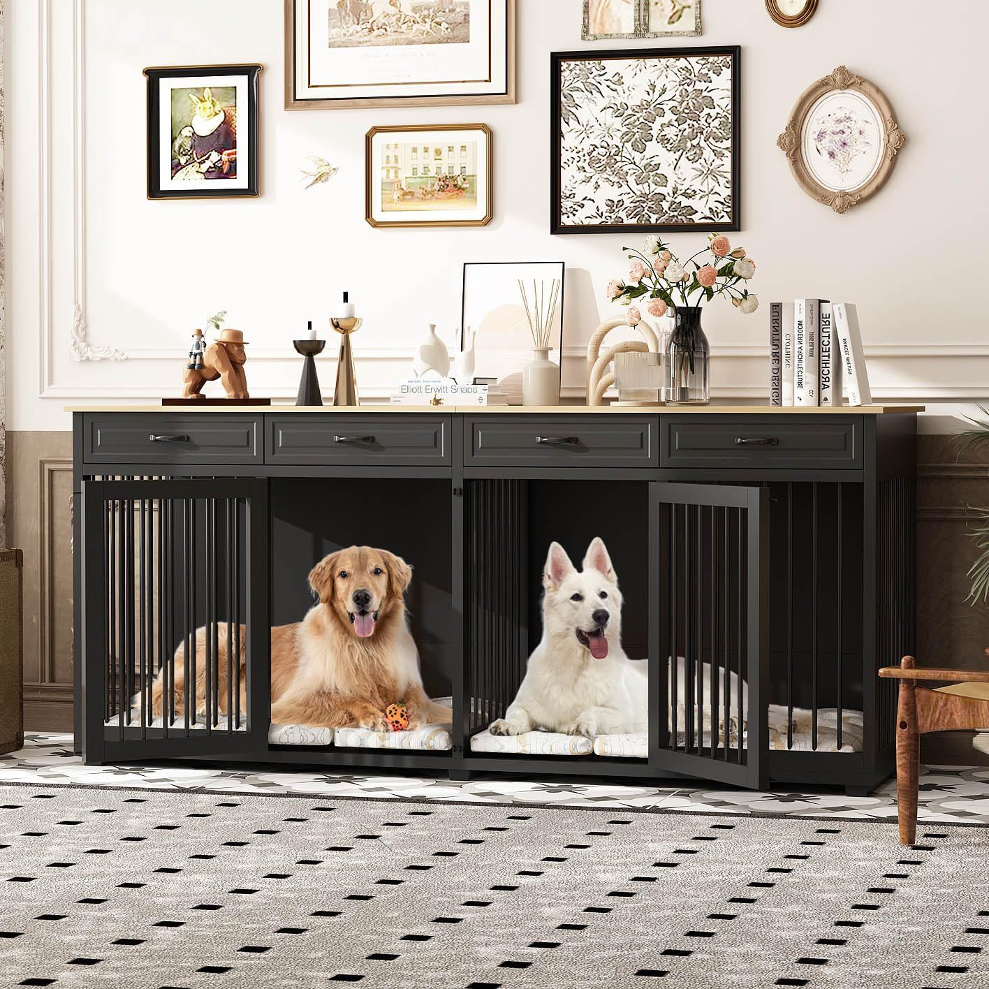 Extra Large Dog Crate, 86.6" Heavy Duty Wooden Dog Cage Furniture Dog Crate Kennel with Drawers & Removable Divider,Indoor Luxury Dog House with Doubl