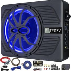 10" 800W Under Seat Car Subwoofer, Slim Powered Speaker with Blue LED Light, Car/Truck Audio Sub Built-in Amplifier, Amp Combo Package, Installation W