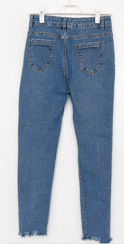 Medium Blue High-Rise Jeans with Raw Hem , size M