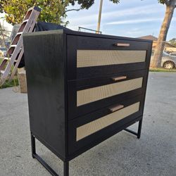 Rattan Black Dresser for Bedroom with 3 Drawers, Modern Wood 3 Drawer Dresser, Black Chest of Drawer with Spacious Storage
