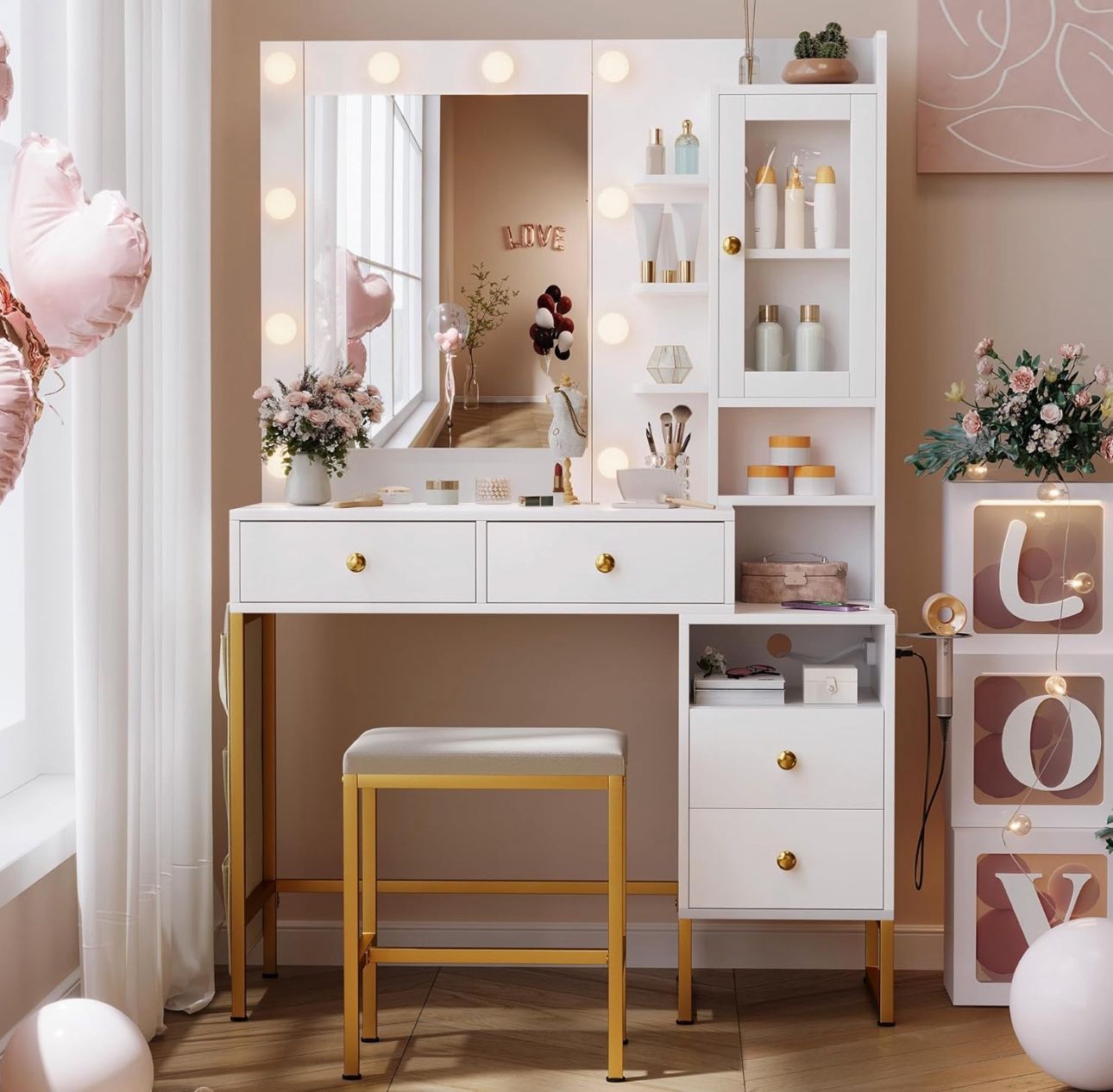 96.89" Vanity Desk with Mirror and Lights,Makeup Vanity Set with Power Outlet,4 Drawers