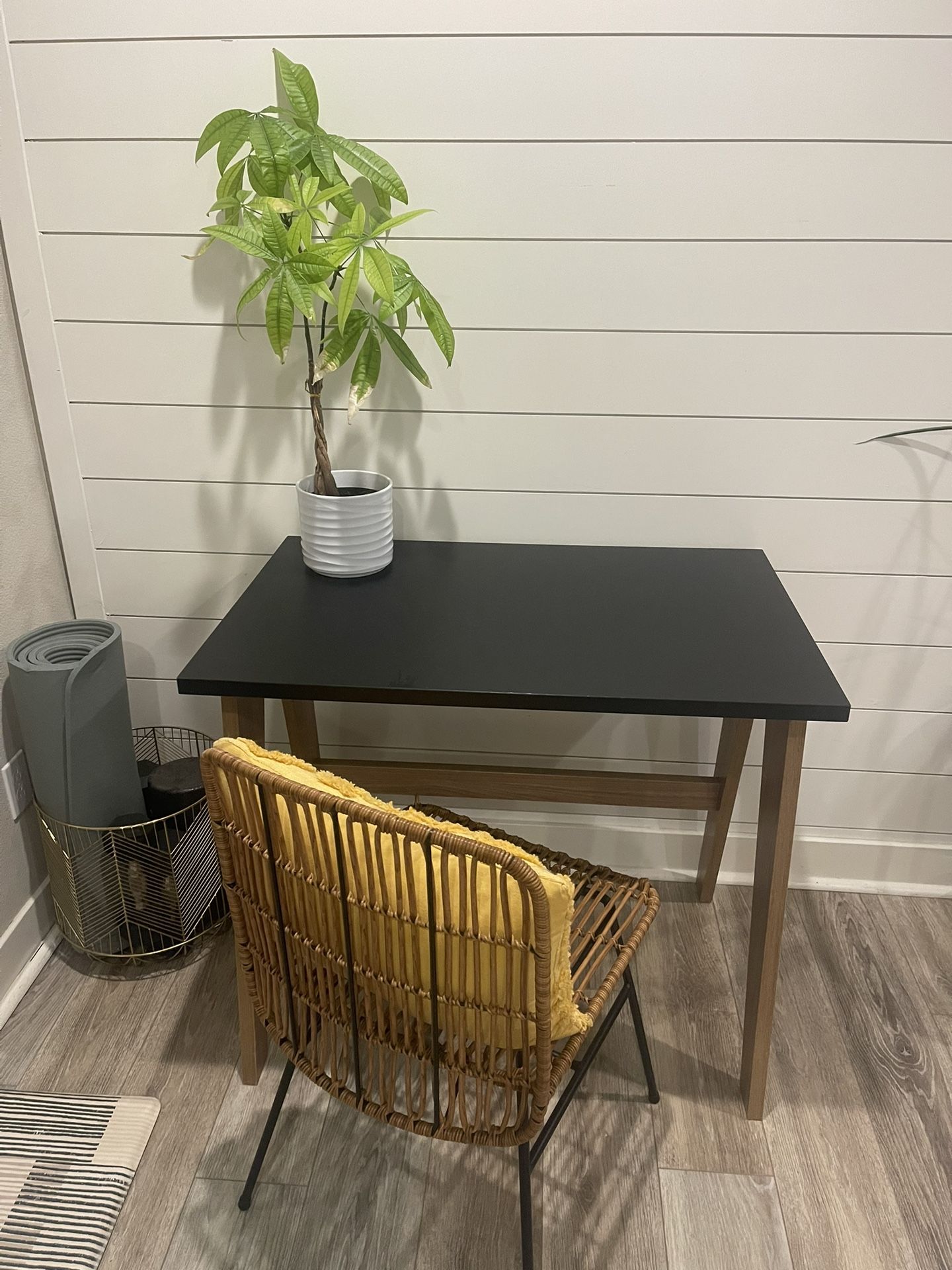 Modern Black Desk & Wicker Chair