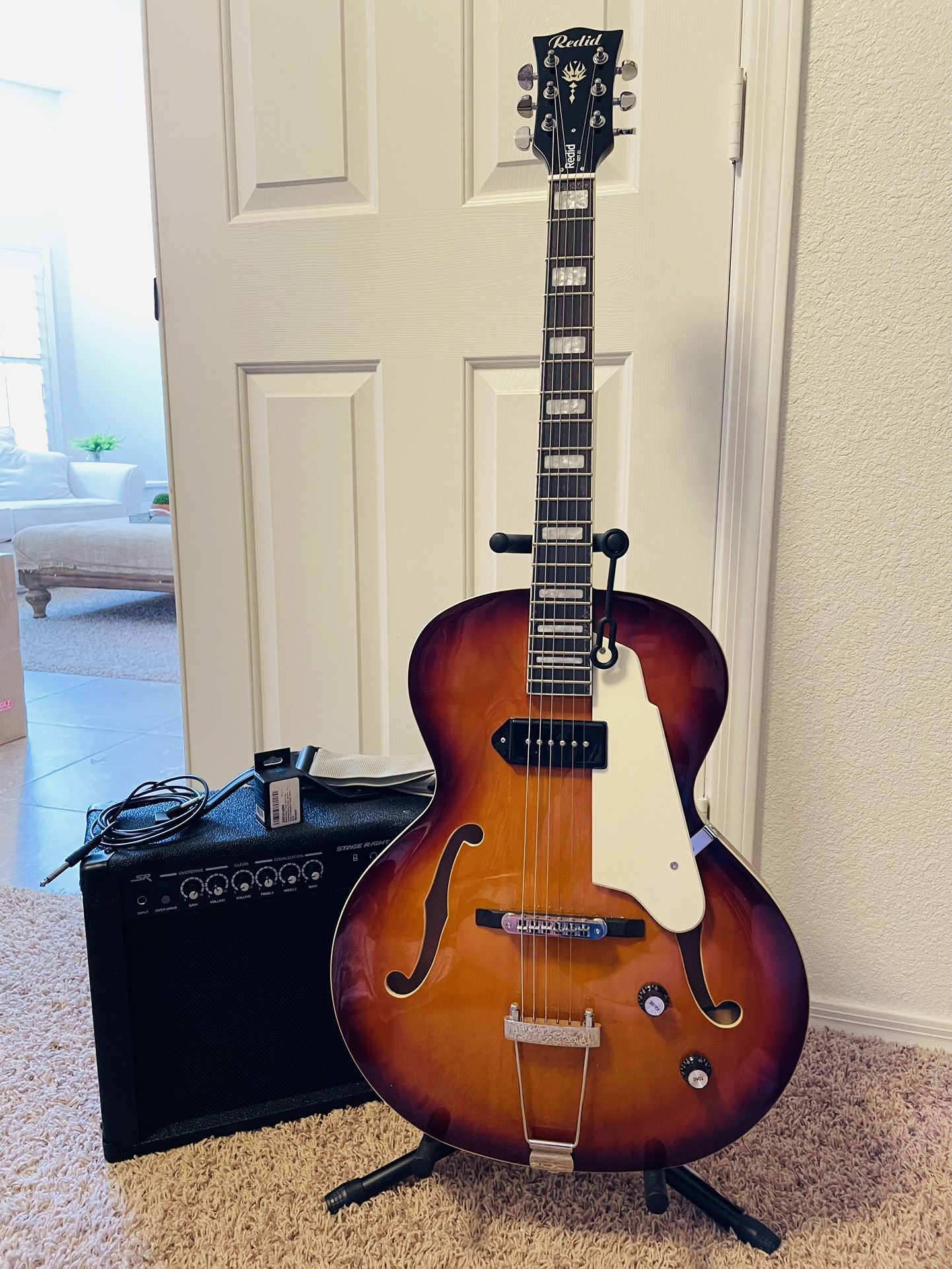 Redid RZT-22 Thinline Electric Guitar Archtop Semi-hollow body with Single-Coil Pickup W/ Stage Right AMP And Accessories