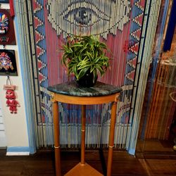 Vintage 1990s Neoclassical Corner Table Emerald Green Marble Top Oak Legs With Brass Accents 28.5" Tall