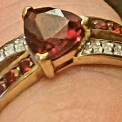 10k Gold Red Garnet Trilliant and Diamond Ring  -  Size 7