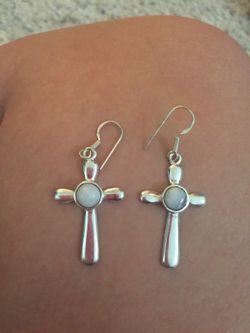 925 Silver Cross Earrings w/ Moonstone