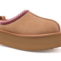 Women's Platform Fuzzy Cozy Slippers Genuine Suede Water Resistant Winter Platform Mini Boots with Memory Foam and Faux Fur Lining Comfy Fuzzy Clogs（s