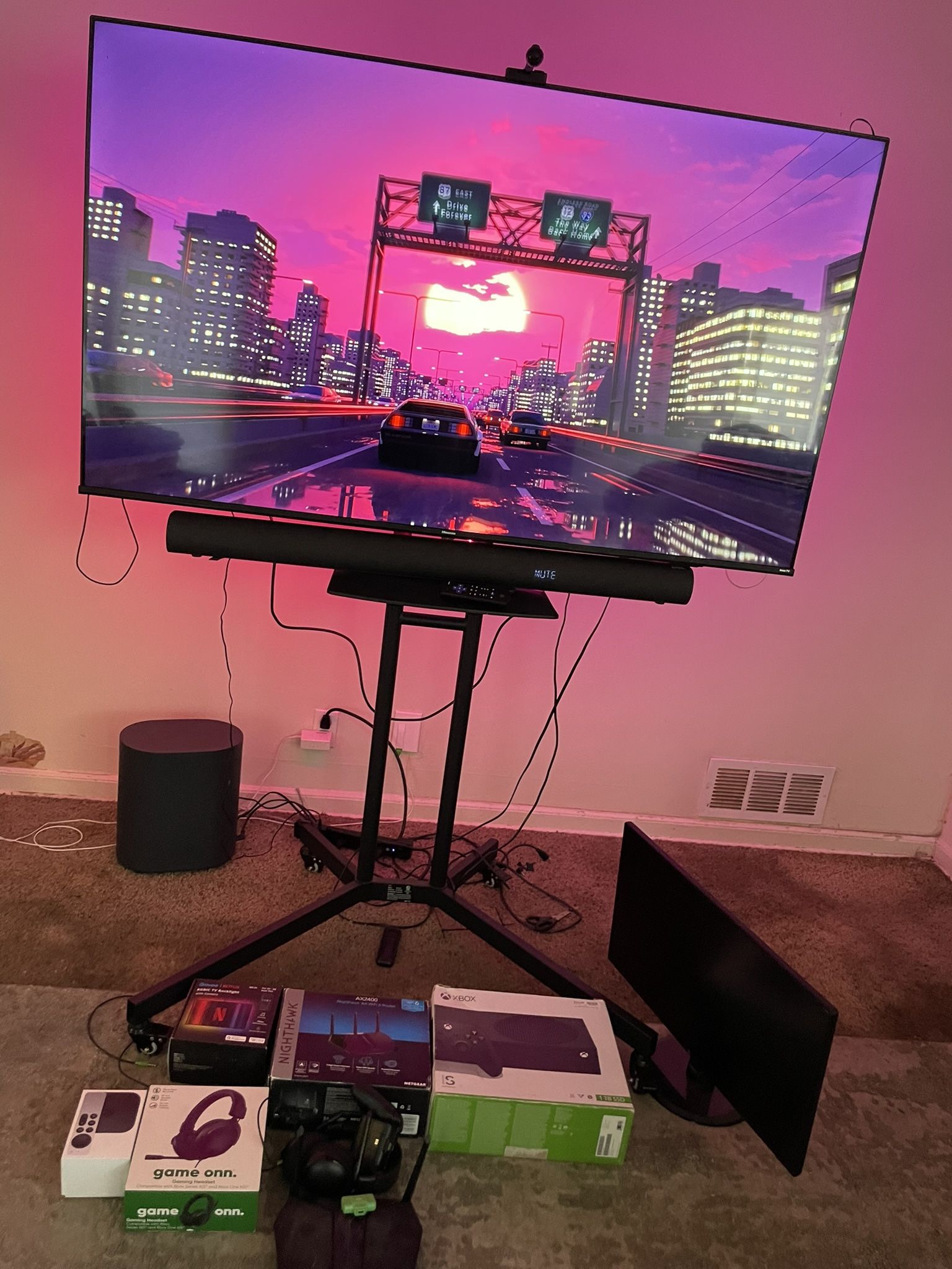 65 Inch 4K Hisense Tv With Rolling Tv Stand And Govee Backlight