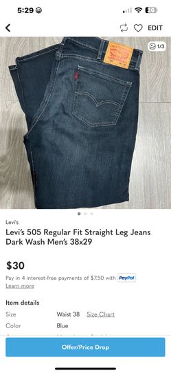 Levi’s 505 Men’s Jeans 38x29 Dark Wash Great Condition 