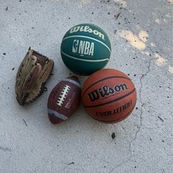 2 basketballs, 1 football, 1 left handed baseball glove and baseball
