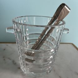 Godinger Silver Art Co. Ltd Plaid Cut Crystal Ice Bucket With Tab Handles and Silver Plated Tongs 
