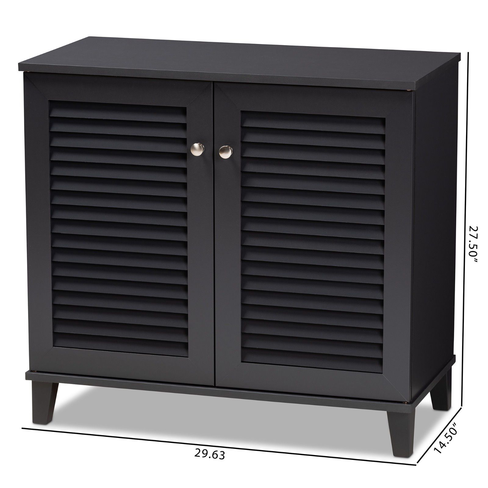 Baxton Studio Coolidge Modern Dark Grey 4-Shelf Shoe Cabinet DESCRIPTION: Store your shoes on the sly with the Coolidge shoe cabinet. Two slatted door