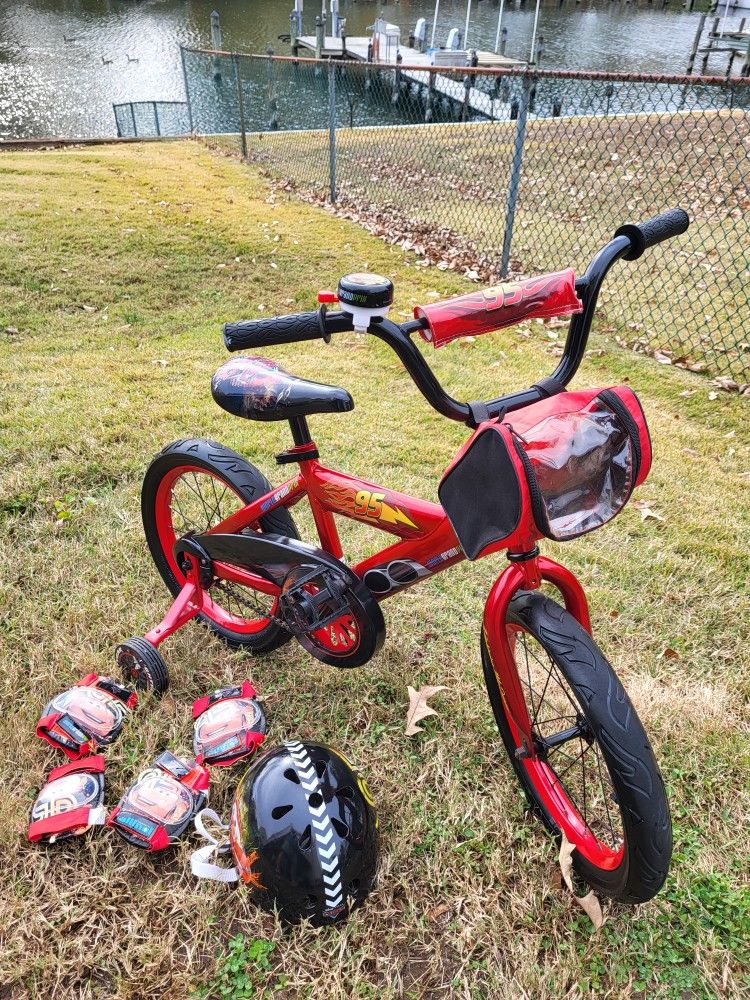 Disney Cars Lightning McQueen Bicycle 16 Inch With Helmet Knee Pads And Elbow Pads
