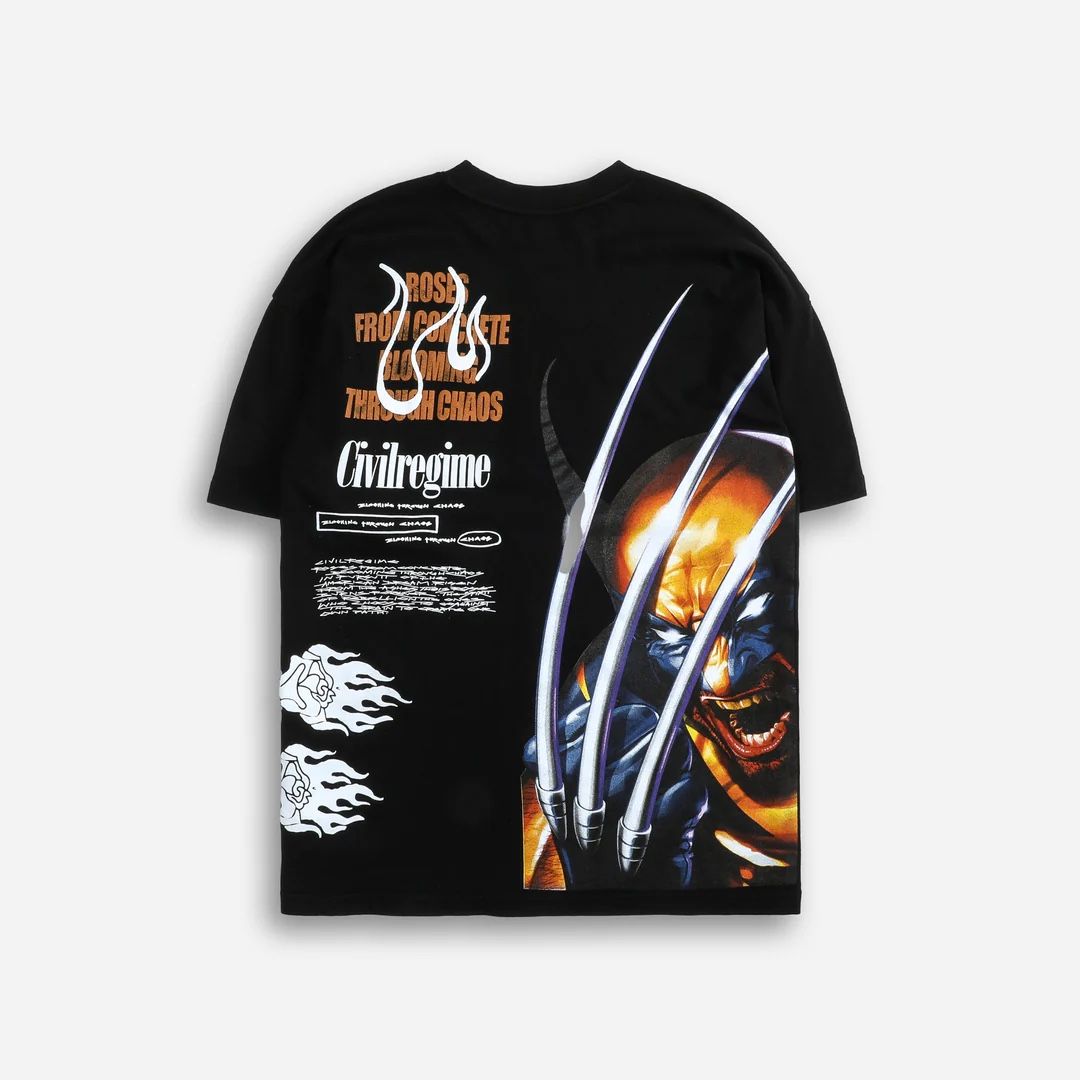 Civil Regime x Marvel WOLVERINE'S ROSE AMERICAN CLASSIC OVERSIZED TEE IN BLACK