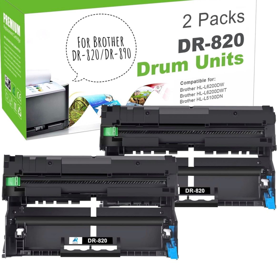 2 Pack Printer DR820 DR890 Toner Cartridges Drum Unit
