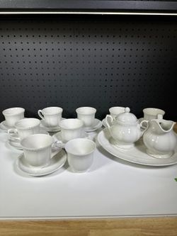 Johnson Bros England White Tea Set 9 Cups 8 Saucers Sugar Bowl Creamer Oval Tray