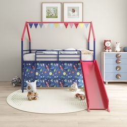 🔥Brand new in Box 🔥Metal Twin Loft Bed with Slide & Curtain, House Loft Bed with Ladder andSafety Rail, Kids Loft Bed Frame with Pennant Banner Flag