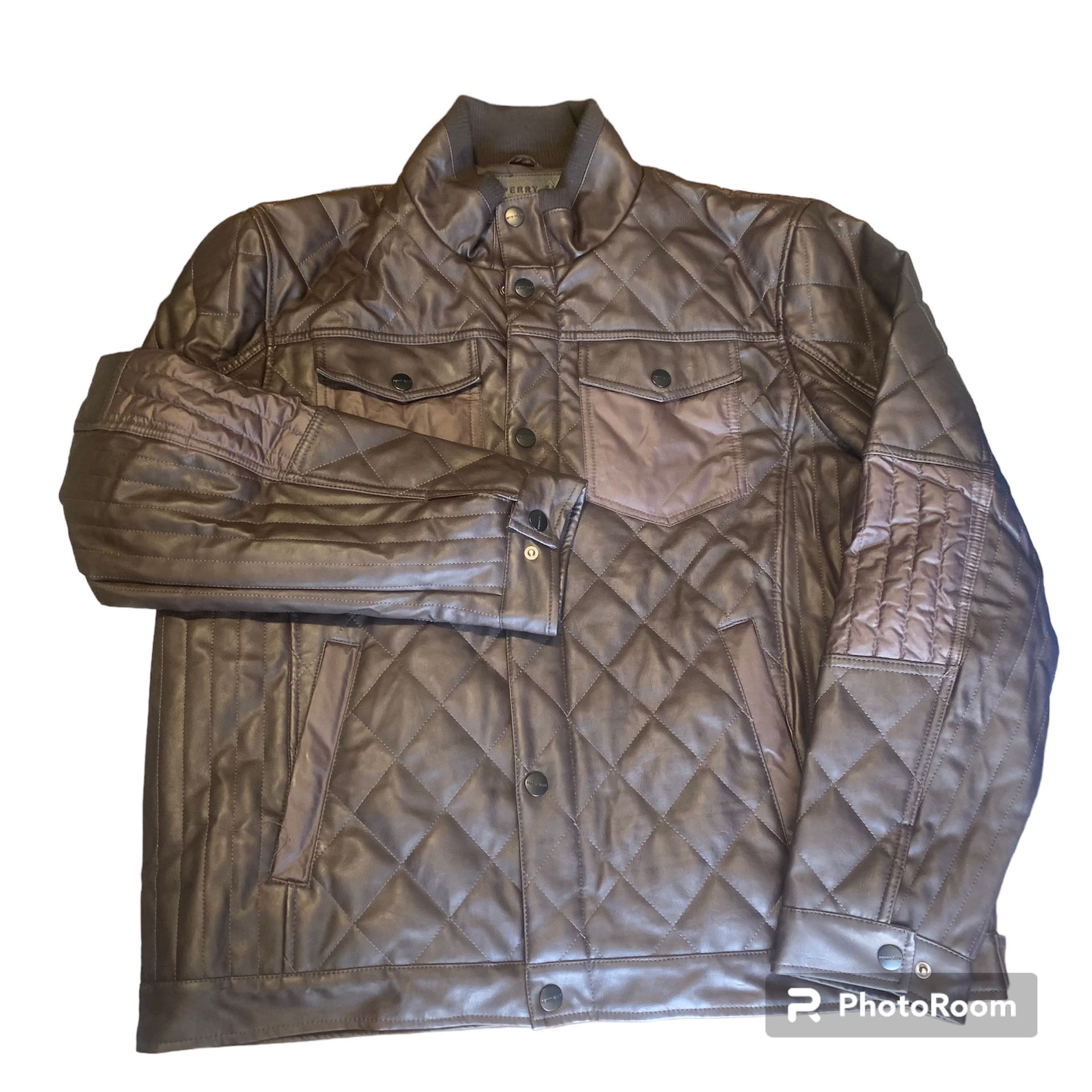 Perry Ellis Portfolio Brown Faux Leather Mens Jacket Size XL