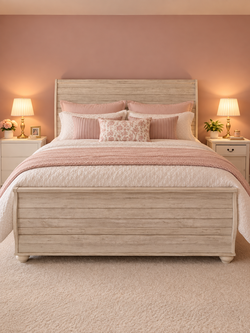 King-Size Whitewashed Sleigh Bed – Optional Free King Mattress