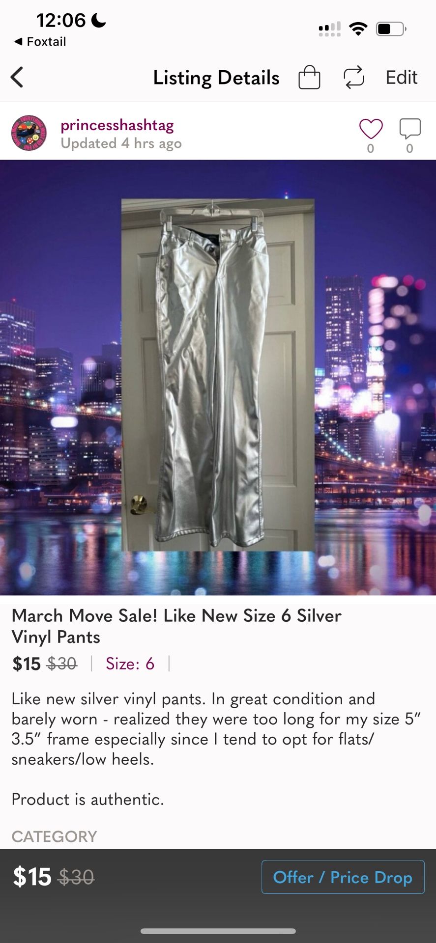 March Move Sale! Like New Size 6 Silver Vinyl Pants