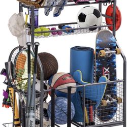 Garage Sports Equipment Storage Organizer with Baskets and Hooks - Easy to Assemble - Sports Ball Gear Rack Holds Basketballs, Baseball Bats, Football