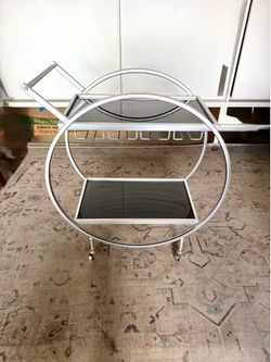 Silver and Black Rolling 2 Mirrored Shelves Bar Cart with Wine Glass Storage and Handle