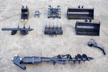 [9] ABOSS Mini Excavator Attachments: Augers, Buckets, Quick Connect, Ripper, Rake, Gripper, Unused