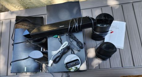 Sony home theater system that includes a Blu-ray player, speakers, a subwoofer, and a remote control